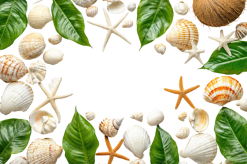 A vibrant frame of seashells, starfish, and lush green leaves arranged on a black background, creating a tropical, summery aesthetic.  The central space is left blank