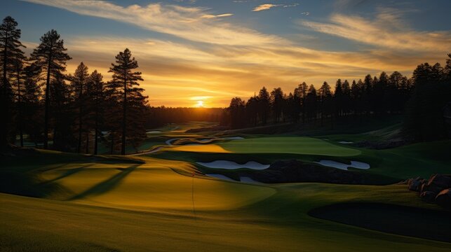 Golf course tee area at sunrise.
