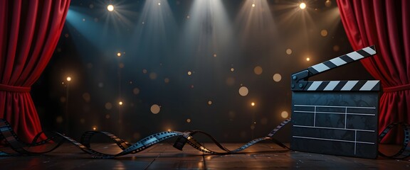 Cinema backdrop with the stage with spotlights and red curtains, film strip and clapperboard