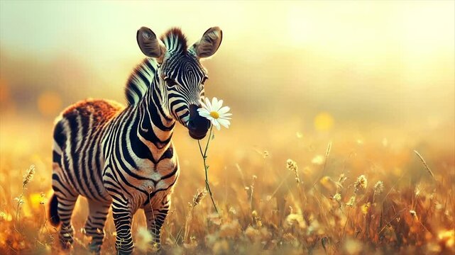 A zebra foal smelling a flower in a golden meadow