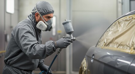 Automotive painter applying spray paint to car body in workshop  
