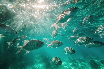 Fototapeta premium A vibrant school of ocean fish swimming gracefully through crystal-clear turquoise waters under sunlight