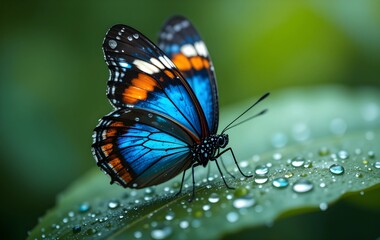 Naklejka premium Stunning Blue and Orange Butterfly with Open Wings Resting on Dew-Covered Leaf in Lush Green Nature – Ultra HD Macro Wildlife Photography