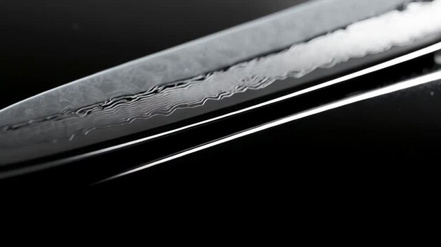 Close-up on a Japanese-style chef's knife blade revealing a Damascus steel pattern against a dark background creating a striking visual texture.