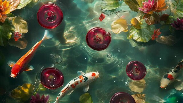 Exquisite Koi pond featuring vibrant fish and luminous aquatic elements