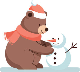 Winter Bear with Hat and Scarf Hugging Tiny Snowman – Cute Animal Vector
