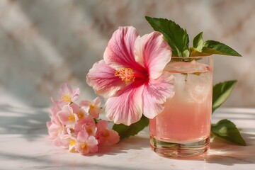 glass of iced punch refreshing pink cocktail drink with hibiscus flower garnish. Tropical vacation mood.