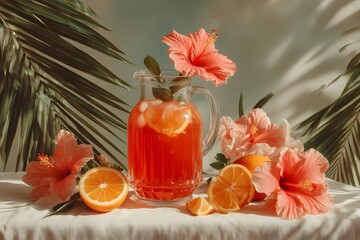 glass of iced punch refreshing cocktail drink, pink hibiscus set on table by the beach. Tropical vacation mood.