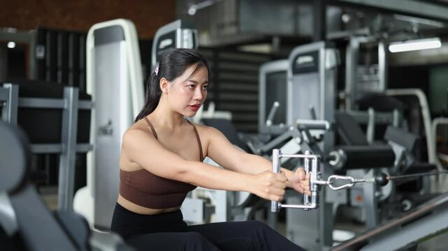 Asian woman doing seated cable rows exercise in gym