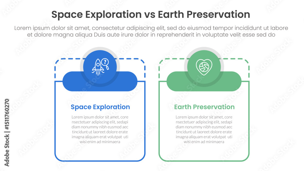 Poster space exploration vs earth preservation comparison concept for infographic template banner with big 