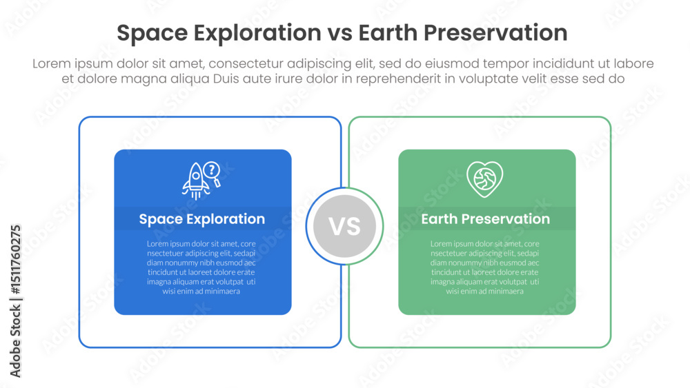 Poster space exploration vs earth preservation comparison concept for infographic template banner with big 