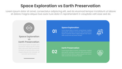 space exploration vs earth preservation comparison concept for infographic template banner with big round box and stack list with two point list information