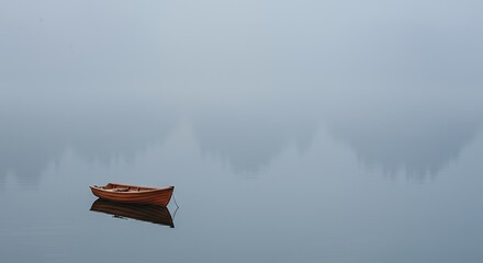 AI-Generated of Negative Space Minimalist Landscape with Lonely Wooden Boat on Calm Water in Mist