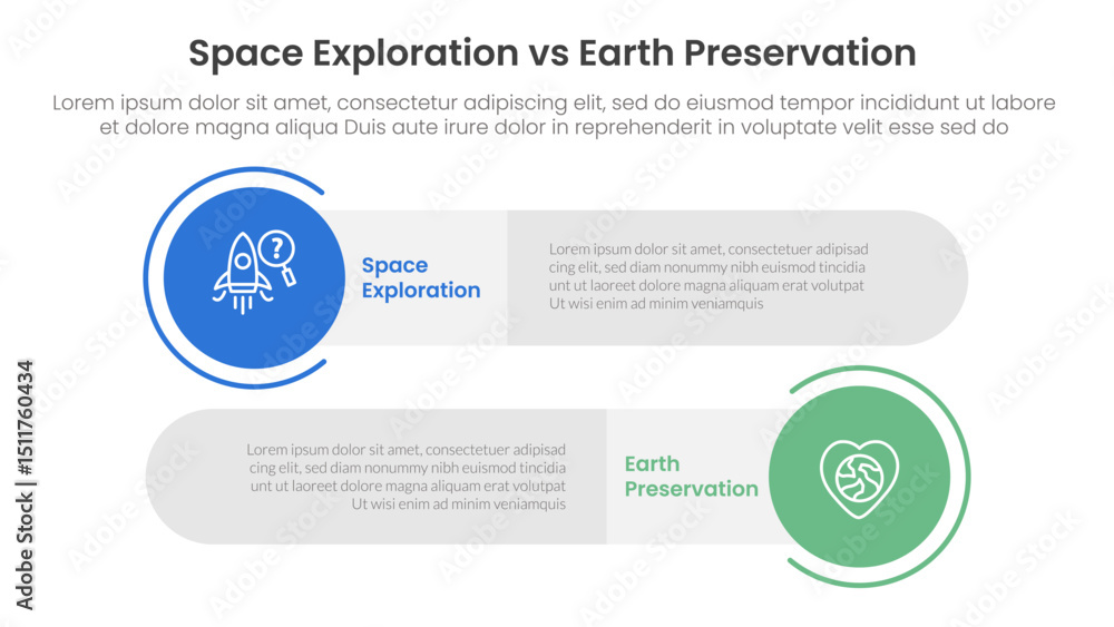 Poster space exploration vs earth preservation comparison concept for infographic template banner with big 