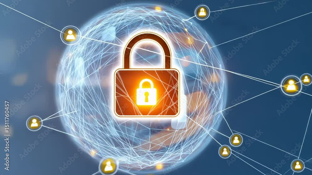 Poster glowing lock and network sphere symbolizing digital security and connectivity.