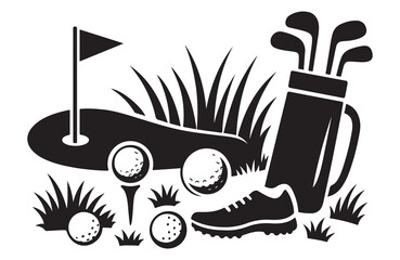 Golf course illustration with flag clubs balls and bag