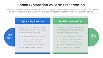 space exploration vs earth preservation comparison concept for infographic template banner with table box and circle accessories with two point list information