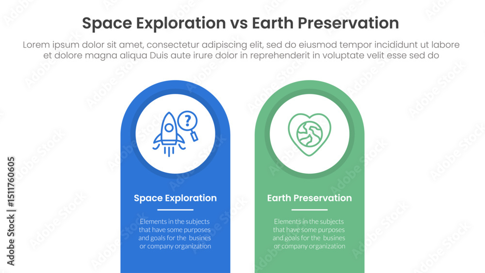 Poster space exploration vs earth preservation comparison concept for infographic template banner with roun