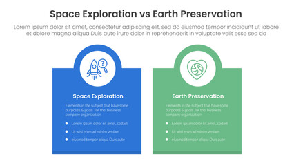 space exploration vs earth preservation comparison concept for infographic template banner with box banner and circle on top with two point list information