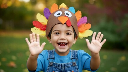 Happy child waving wearing colorful turkey hat in autumn park  