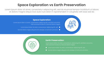 space exploration vs earth preservation comparison concept for infographic template banner with horizontal round rectangle box with two point list information