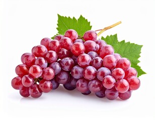 Fototapeta premium Red grape cluster with leaves isolated on white background 