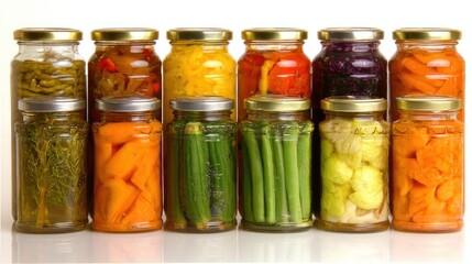 Assortment of canned vegetables in glass jars with metal lids on white background.