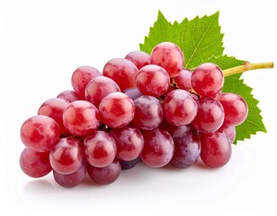 Red grape cluster with leaves isolated on white background 