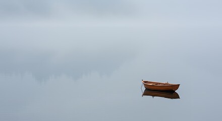 AI-Generated of Negative Space Minimalist Landscape with Lonely Wooden Boat on Calm Water in Mist