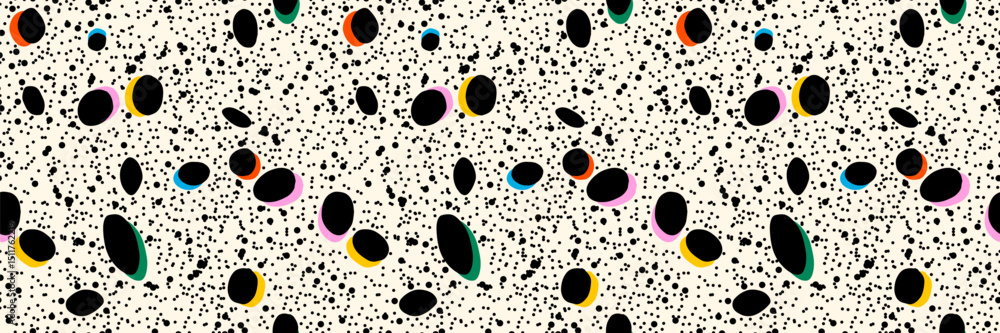 Poster hand drawn simple sprinkle seamless pattern with black and color confetti on beige background. vecto