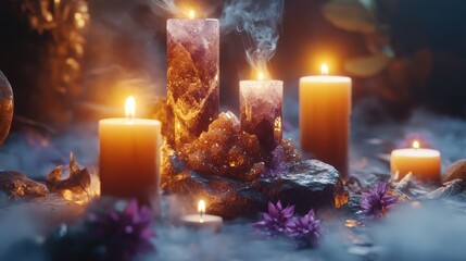 Captivating display of candles and crystals creates a mystical atmosphere during a serene evening gathering