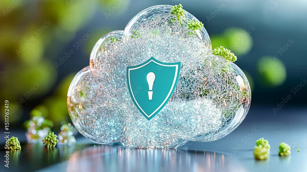 Poster futuristic cloud security with encrypted network in abstract digital environment.
