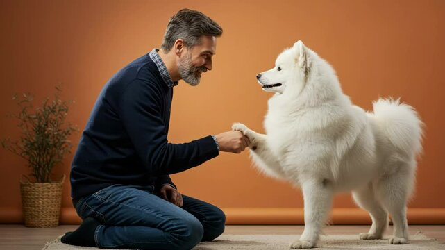 Man interacting with a Samoyed dog indoors against an orange backdrop  