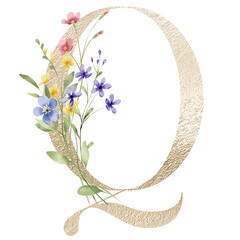 Gold monogram, letter Q, floral alphabet with wildflowers, Initials perfectly for logo, wedding invitation, greeting card, poster and other design. Digital illustration hand drawing.