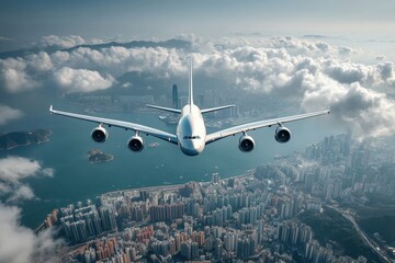 A large commercial airplane flies above a city skyline, soaring through clouds with skyscrapers and mountains visible below.