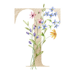 Gold monogram, letter T, floral alphabet with wildflowers, Initials perfectly for logo, wedding invitation, greeting card, poster and other design. Digital illustration hand drawing.