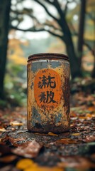 Grungy rusted can with faded orange label stands in a forest covered with autumn leaves during a foggy day