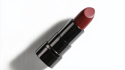 Elegant Deep Red Lipstick in Sleek Black Tube on White Background, Beauty and Cosmetics Theme.