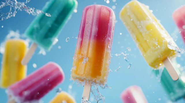 Different kinds of sweet ice popsicles floating up in mid-air, commercial advertisement theme videography, professional shoot for products placement