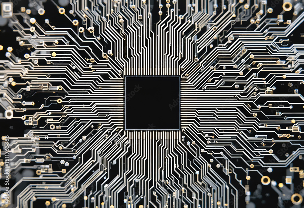 Poster detailed microchip blueprint with complex connections.