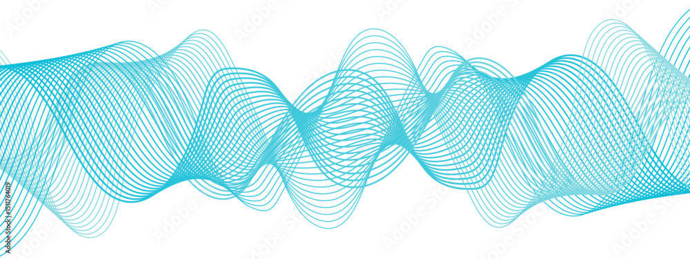 Leinwandbilder Abstract, digital-style background with series  intertwined, flowing waveforms made of smooth, fine aqua blue lines. Waves curve and overlap fluidly, stretching horizontally across with soft gradients