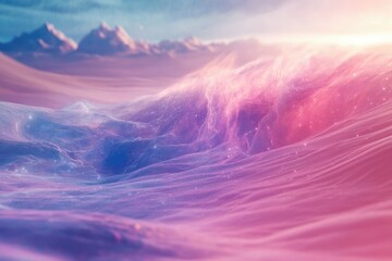 Dreamlike landscape of pastel pink and blue waves, sparkling with light, set against a backdrop of distant mountains.