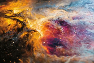 A vibrant nebula bursts with fiery oranges, deep purples, and scattered stars, a cosmic masterpiece.