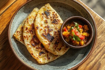 Three golden-brown flatbreads served with a vibrant tomato and mango salsa.