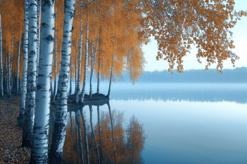 Serene autumn scene: Birch trees with golden leaves reflected in a calm lake.