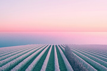 Serene vineyard rows meet tranquil pastel sunrise over calm sea.