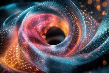 Abstract swirling nebula of vibrant colors and glittering particles, creating a mesmerizing cosmic scene.