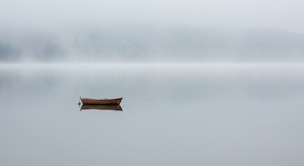 AI-Generated of Negative Space Minimalist Landscape with Lonely Wooden Boat on Calm Water in Mist