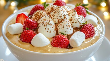 Fototapeta premium Creamy Dessert with Strawberries and Marshmallows