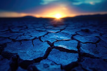 Sunset over cracked earth, depicting drought and arid landscape.